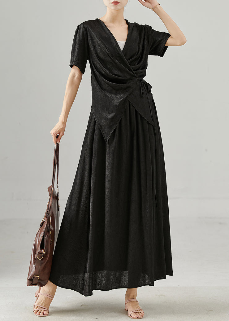 Black Silk Two Pieces Set Asymmetrical Tie Waist Summer