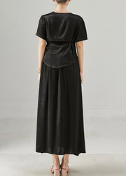 Black Silk Two Pieces Set Asymmetrical Tie Waist Summer