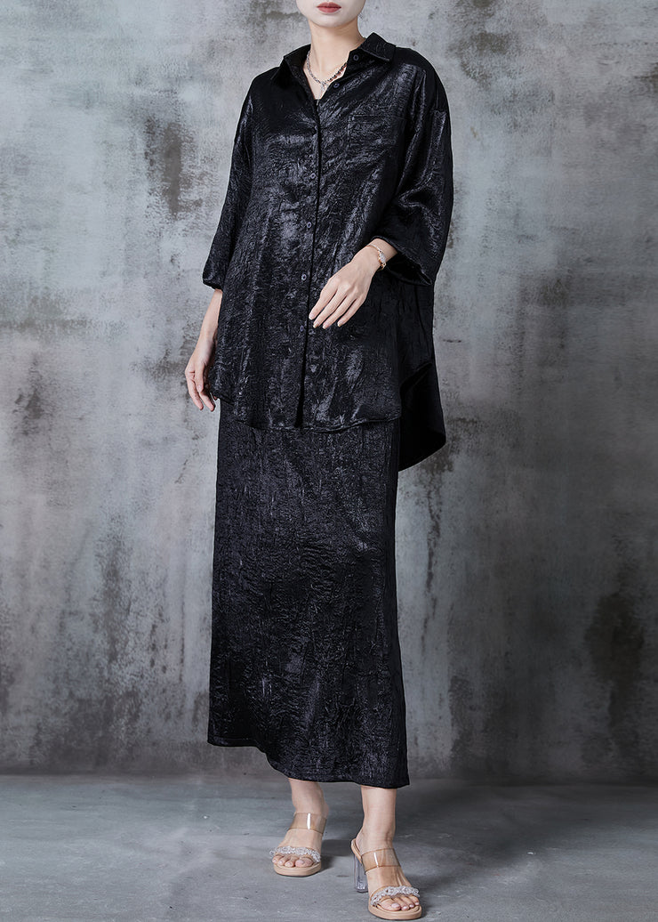 Black Silk Women Sets 2 Pieces Oversized Wrinkled Fall