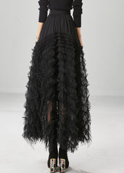 Black Silm Fit Tulle A Line Skirt Ruffled High Waist Fall