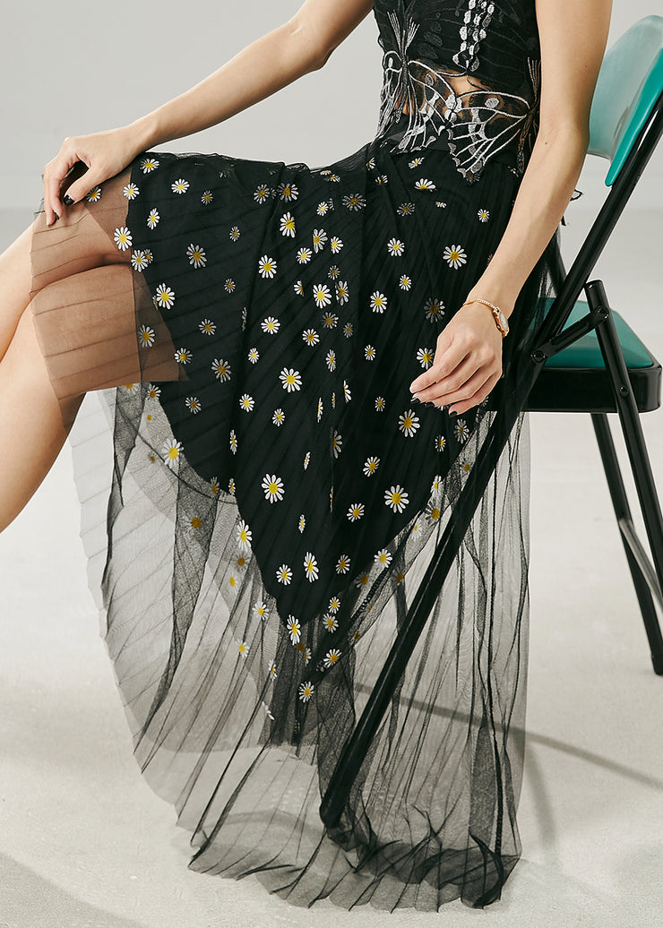 Black Silm Fit Tulle Skirt Chrysanthemum Embroidered Summer