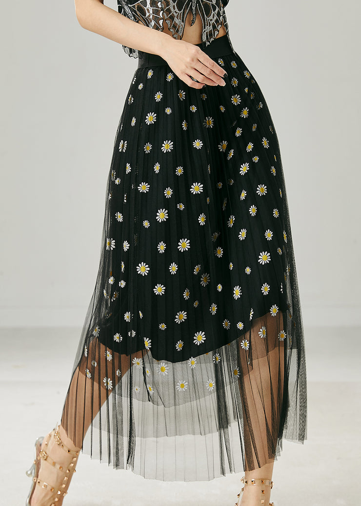 Black Silm Fit Tulle Skirt Chrysanthemum Embroidered Summer