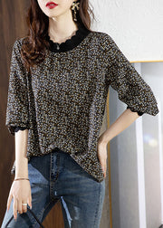 Black Slim Fit Chiffon Shirts Stand Collar Print Spring