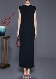 Black Slim Fit Knit Holiday Dress Tasseled Sleeveless