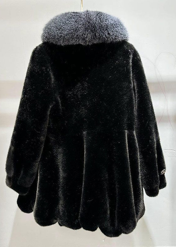 Black Slim Fit Mink Velvet Coat Fox Collar Pockets Winter