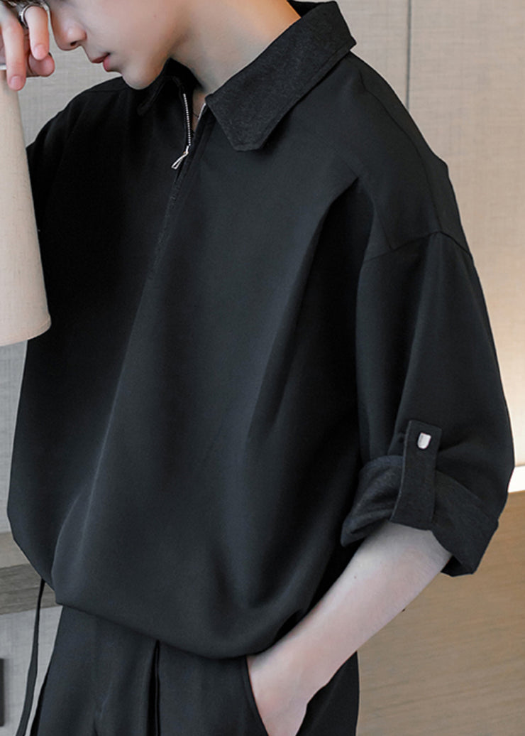 Black Solid Cotton Men Polo Shirt Peter Pan Collar Half Sleeve