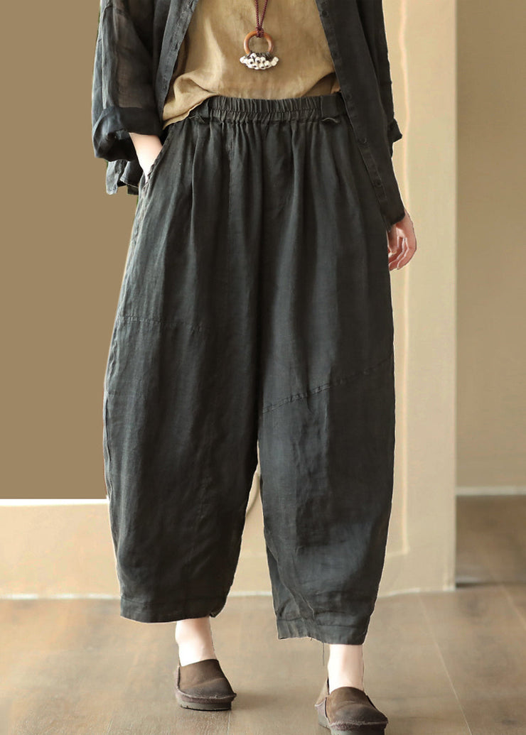 Black Solid Cozy Linen Wide Leg Pants Elastic Waist Summer