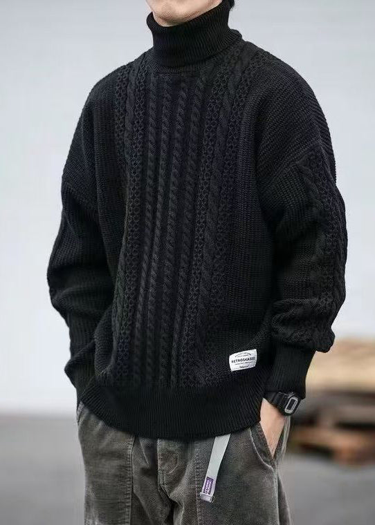 Black Solid Cozy Men Cable Knit Sweaters Turtleneck Winter