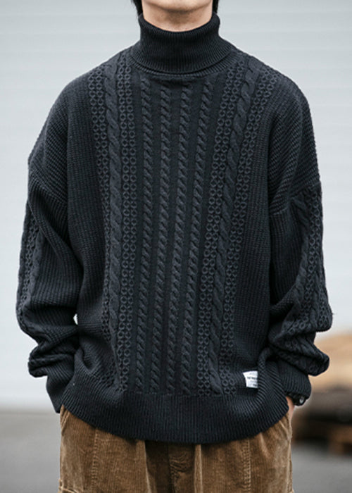 Black Solid Cozy Men Cable Knit Sweaters Turtleneck Winter