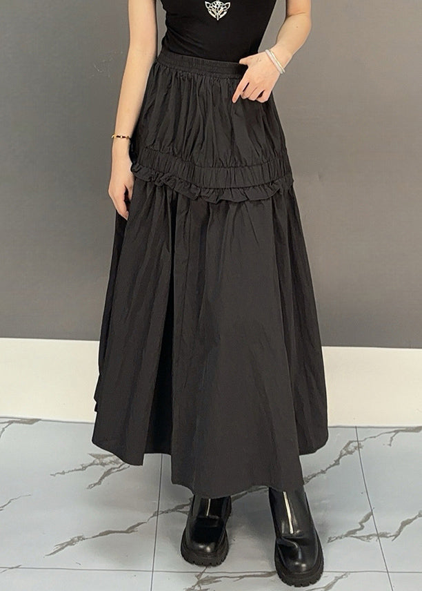 Black Solid Elastic Waist Loose Cotton Fall Skirts Ruffled