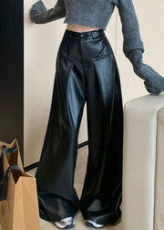 Black Solid Faux Leather Wide Leg Pants High Waist