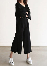 Black Solid Knit Top And Wide Leg Pants Two Pieces Set Spring