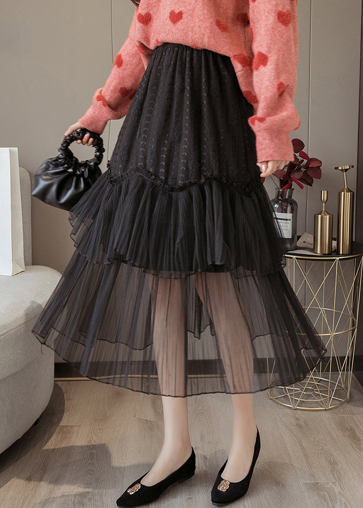 Black Solid Lace Patchwork Chiffon Skirts Elastic Waist