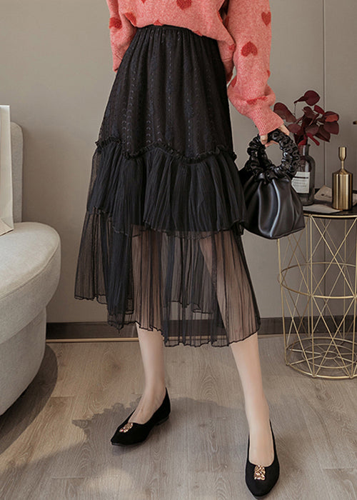 Black Solid Lace Patchwork Chiffon Skirts Elastic Waist