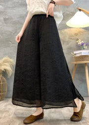 Black Solid Linen Summer Wide Leg Pants High Waist