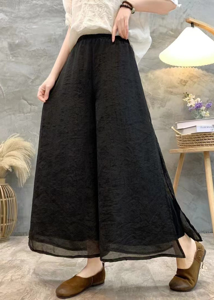 Black Solid Linen Summer Wide Leg Pants High Waist