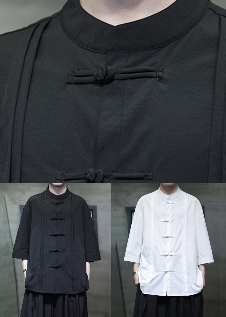 Black Solid Loose Silk Cotton Men Shirt Stand Collar Fall
