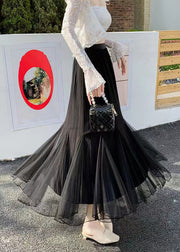 Black Solid Loose Tulle Pleated Skirt Elastic Waist