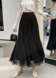 Black Solid Loose Tulle Pleated Skirt Elastic Waist