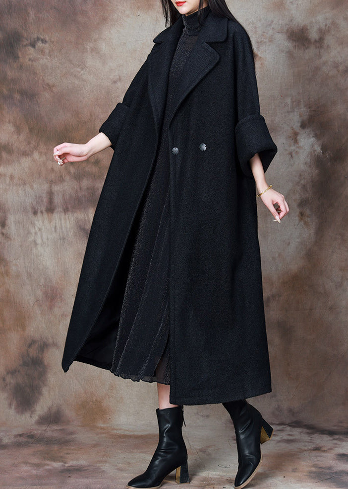 Black Solid Loose Woolen Coats Notched Winter