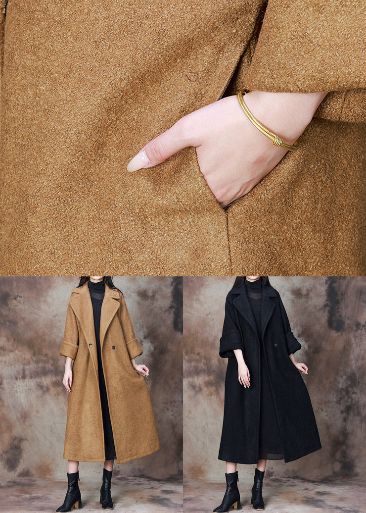 Black Solid Loose Woolen Coats Notched Winter