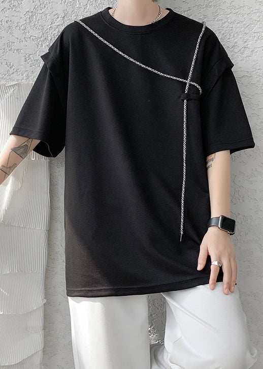 Black Solid Patchwork Cotton T Shirt Men O Neck Short Sleeve