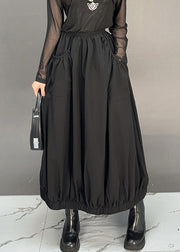 Black Solid Pockets Cotton Fall Skirt Elastic Waist