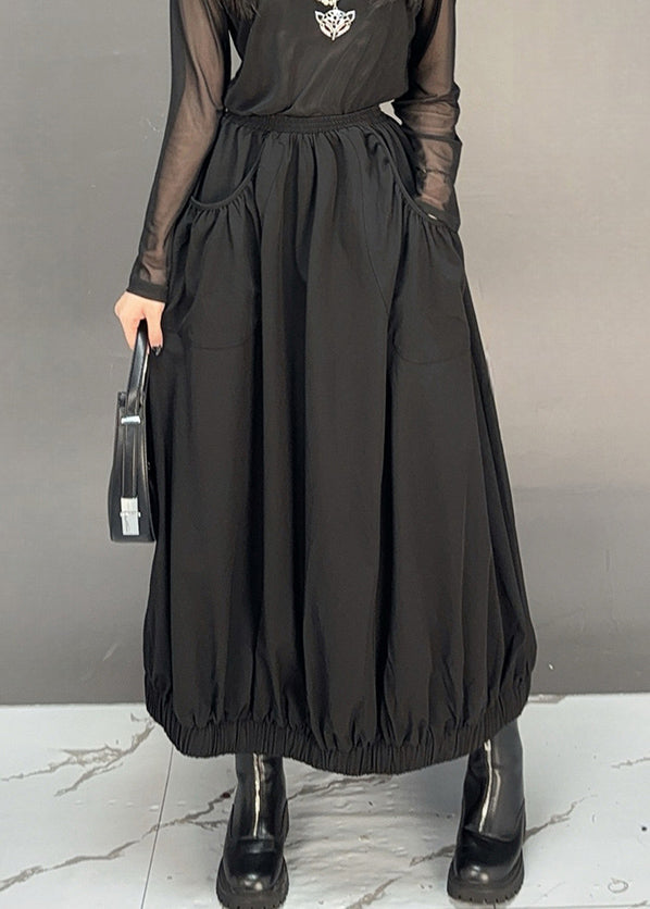 Black Solid Pockets Cotton Fall Skirt Elastic Waist