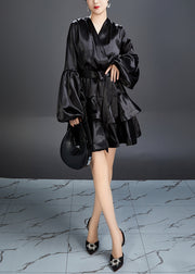 Black Solid Silk Mid Dress V Neck Long Sleeve