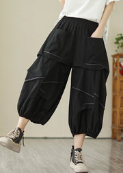 Black Solid Wrinkled Cotton Crop Pants High Waist Summer