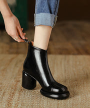 Black Splicing Stylish Cowhide Leather Chunky Boots