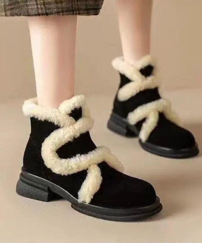 Black Splicing Suede Chunky Boots Fuzzy Wool Lined