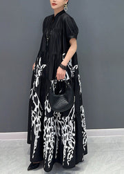 Black Stand Collar Button Maxi Dress Short Sleeve