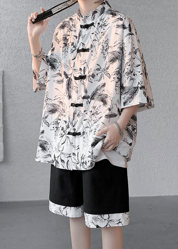 Black Stand Collar Button Men Shirt And Shorts Two Pieces Set Short Sleeve