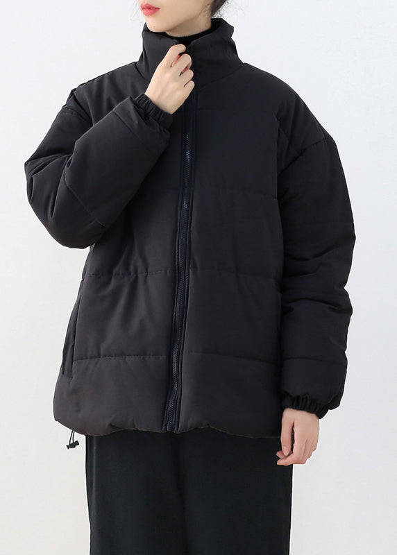 Black Stand Collar Drawstring Thick Parka Winter