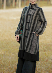 Black Stand Collar Striped Button Cotton Coats Long Sleeve