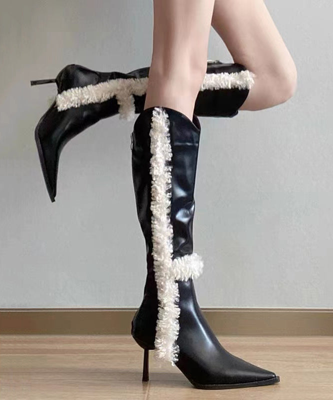 Black Stiletto Faux Leather Teddy Fashion Splicing Boots