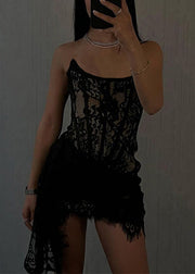 Black Strapless High Waist Lace Mini Dresses Asymmetrical Summer