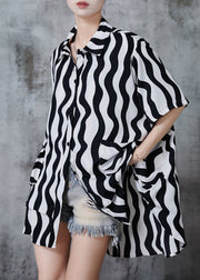 Black Striped Chiffon Long Shirts Asymmetrical Patchwork Summer