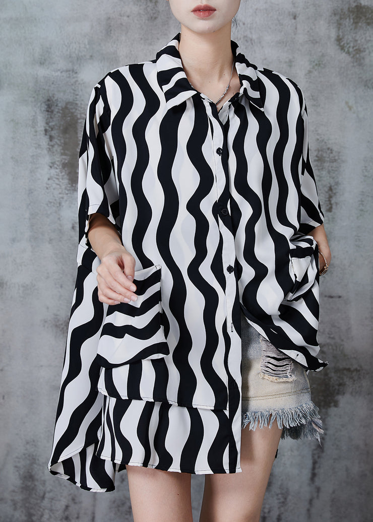 Black Striped Chiffon Long Shirts Asymmetrical Patchwork Summer