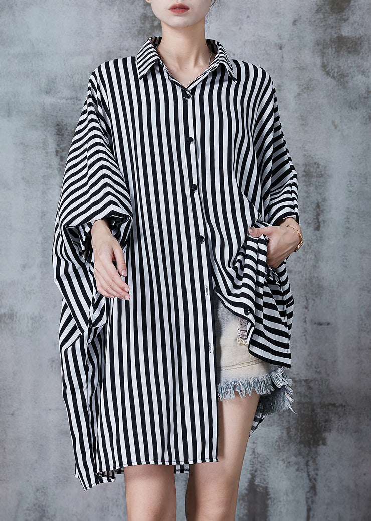 Black Striped Chiffon Shirt Dress Oversized Batwing Sleeve