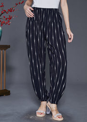 Black Striped Cotton Harem Pants Oversized Elastic Waist Fall