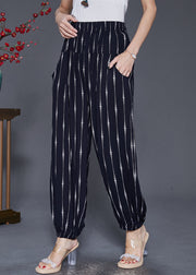 Black Striped Cotton Harem Pants Oversized Elastic Waist Fall