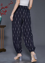 Black Striped Cotton Harem Pants Oversized Elastic Waist Fall