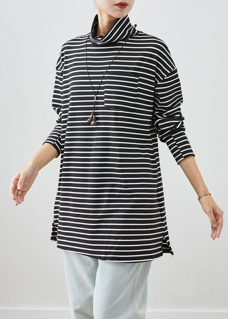 Black Striped Cotton Shirt Turtle Neck Pocket Fall