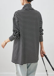 Black Striped Cotton Shirt Turtle Neck Pocket Fall