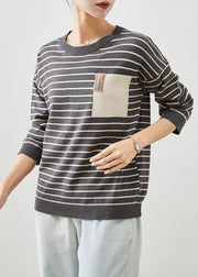 Black Striped Knitted Tops Oversized Fall