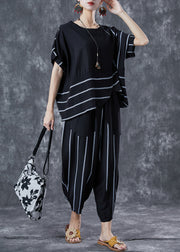 Black Striped Linen Two Pieces Set Oversized Asymmetrical Design Summer