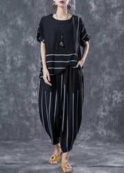 Black Striped Linen Two Pieces Set Oversized Asymmetrical Design Summer