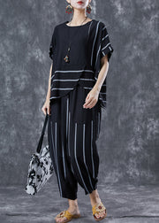 Black Striped Linen Two Pieces Set Oversized Asymmetrical Design Summer